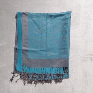 Paisley Blue & Silver Gray Pashmina Scarf Shawl Wrap 3" Fringe 70” x 27”